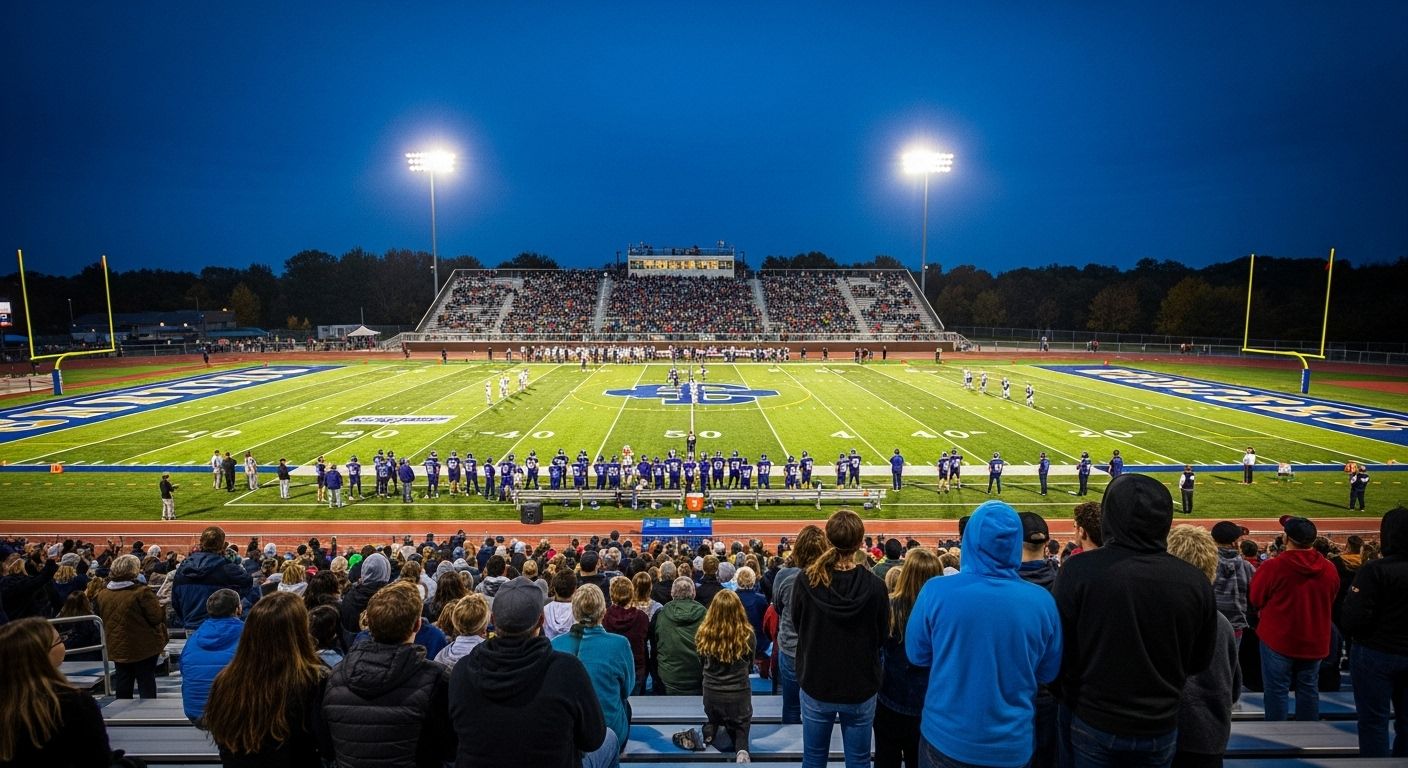 High school football stadium with spectators in the stands during an evening game under stadium lights
