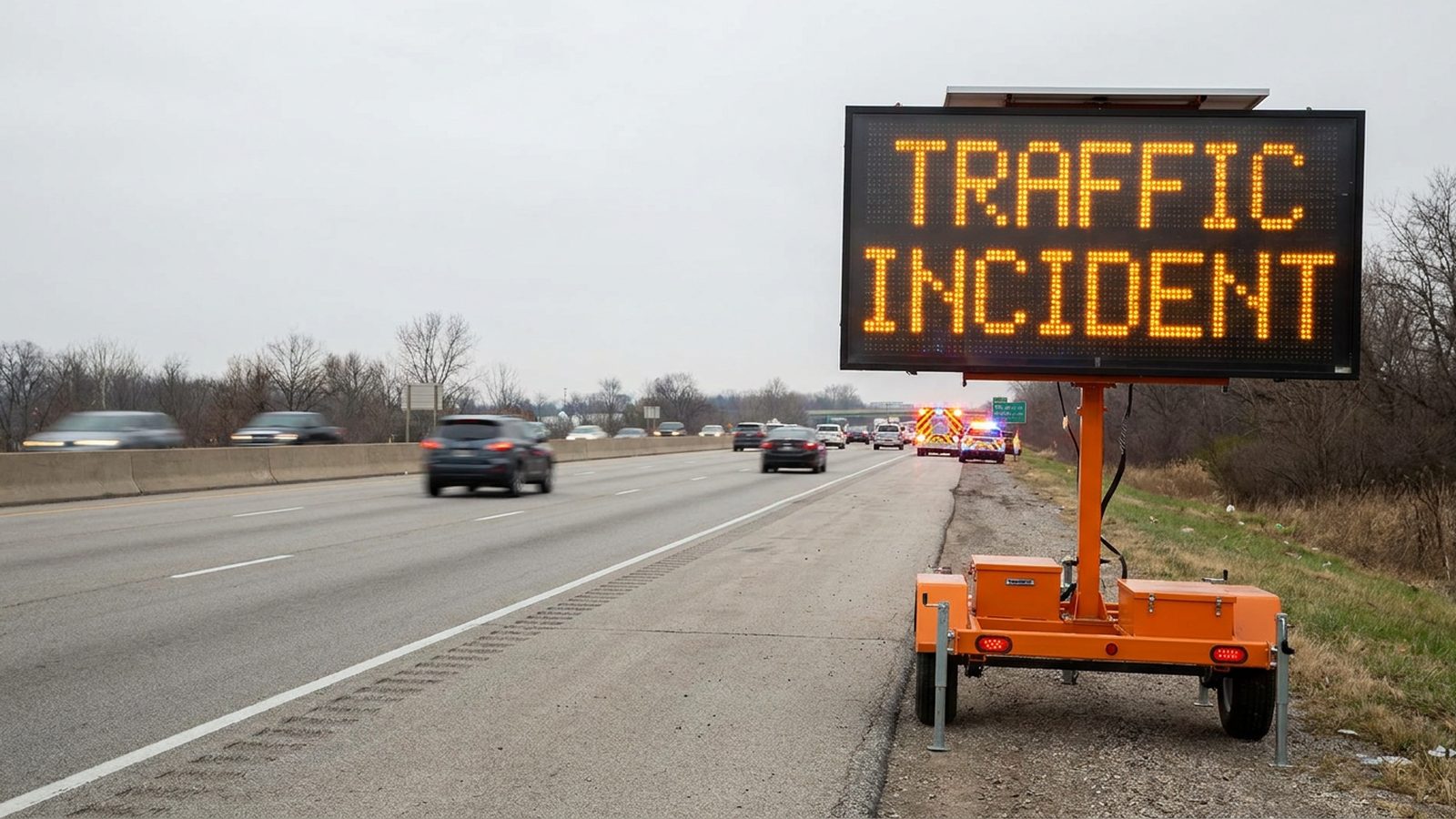Roadside message sign reading Traffic Incident beside a freeway